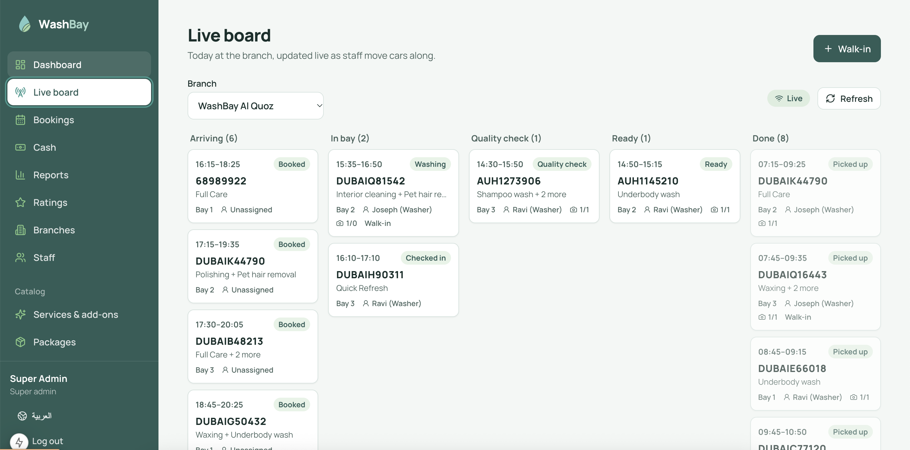 WashBay live board